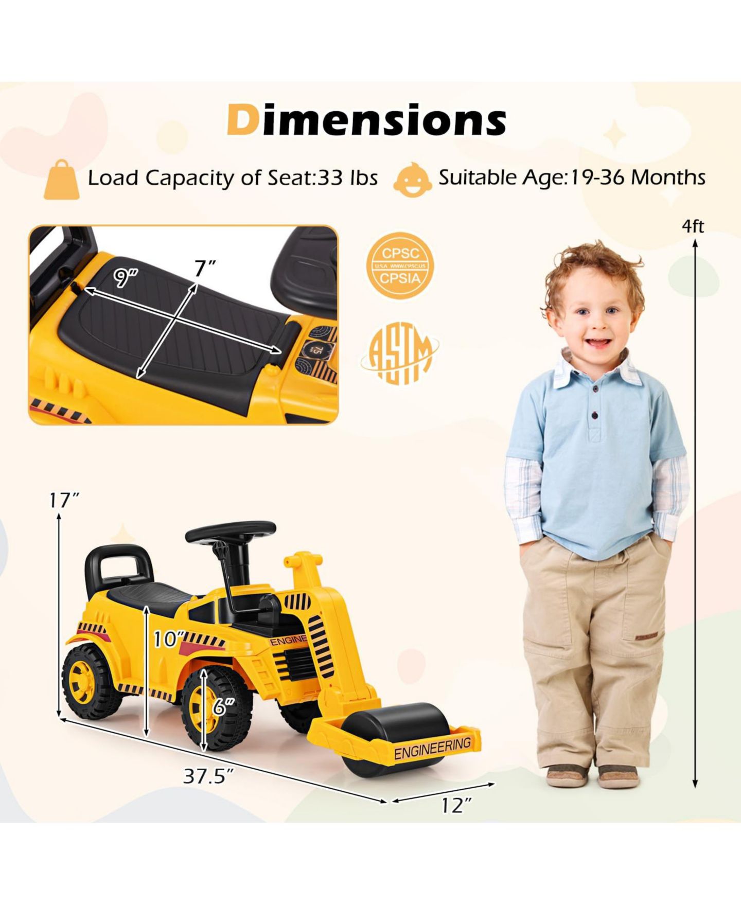 Детская игрушка Mecale Toddler Ride-On with Adjustable Roller, Under-Seat Storage & Anti-Tip Design, Ages 19-36 Months, цвет: Жёлтый — фото 3