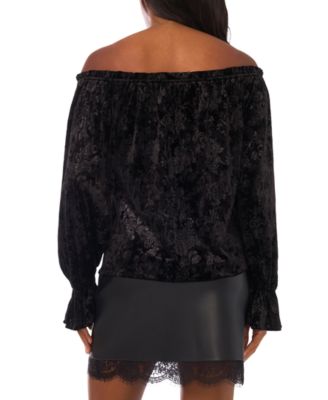 Women's Velvet Ruffle Neck Off-the-Shoulder Bell-Sleeve Top