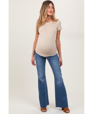 Blue Raw Cut Hem Flare Maternity Jeans