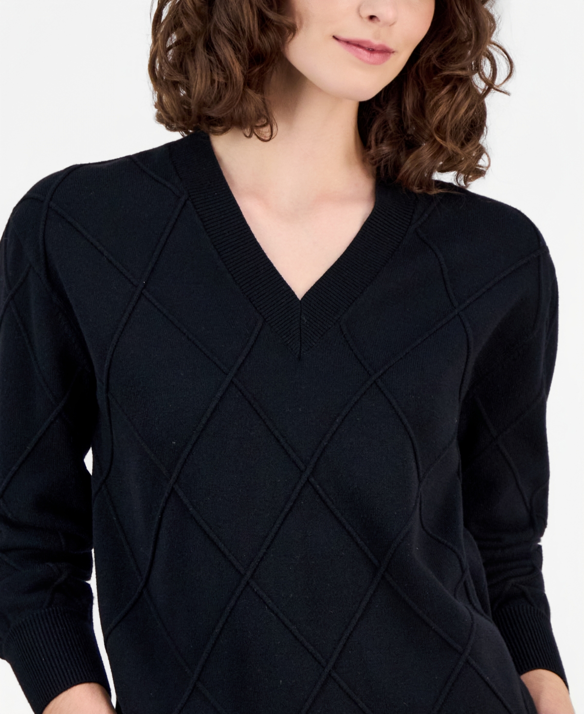 Anne Klein Women's Diamond Knit V-neck Sweater In Black