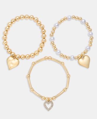 3-Pc. Set Pav&eacute; Heart Imitation Pearl Beaded Stretch Bracelets, Macy's Exclusive