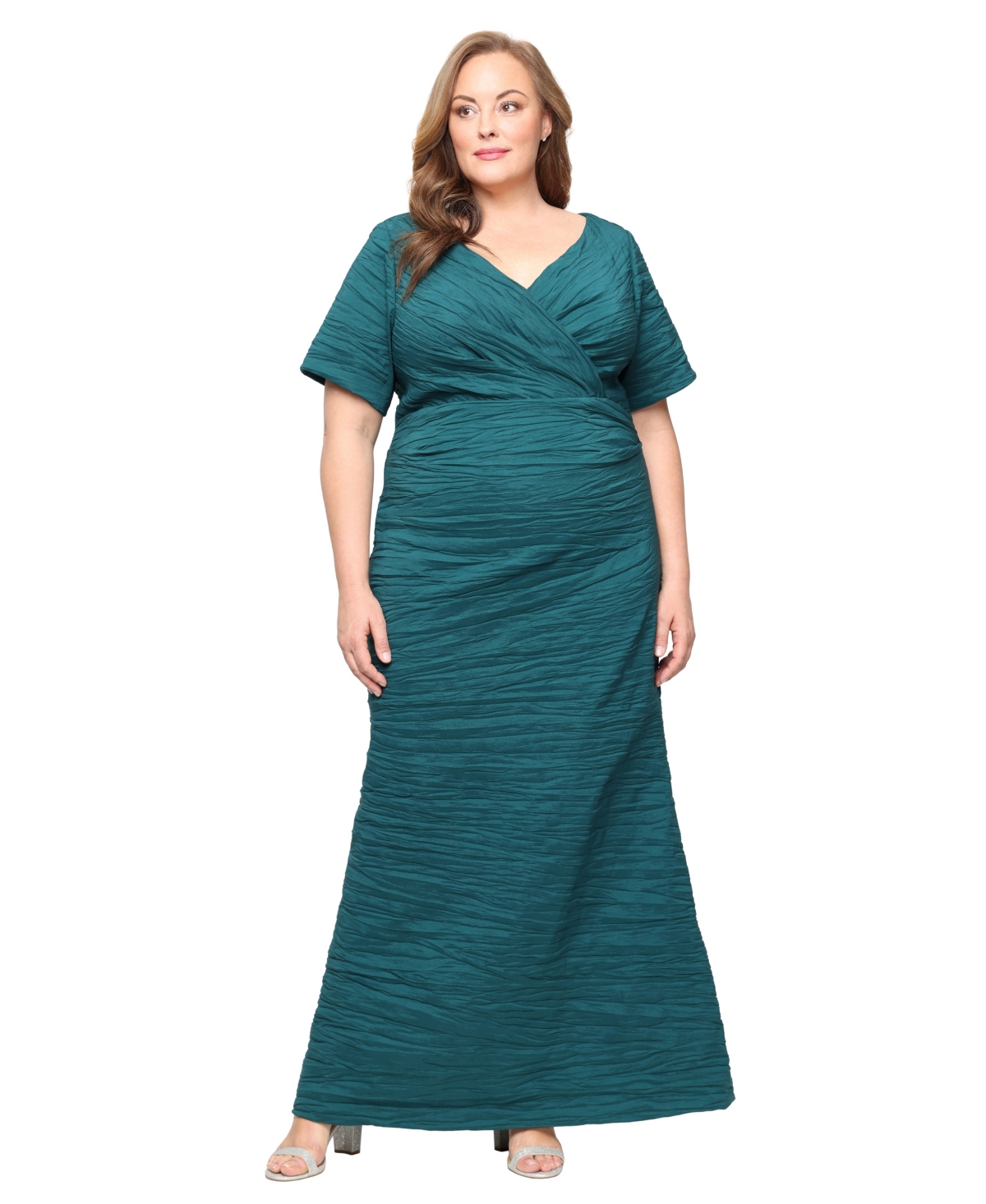 Alex Evenings Plus Size Long Crinkle Stretch Taffeta Dress In Green