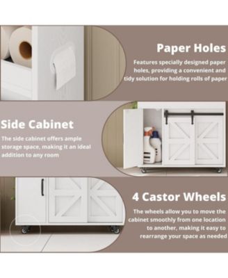 Toilet Paper Cabinet with Rolling Wheels, Paper Holes, White/Walnut