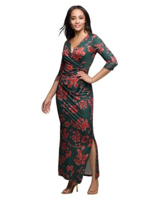 Women's Green Floral Print Three Quarter Sleeve Dress