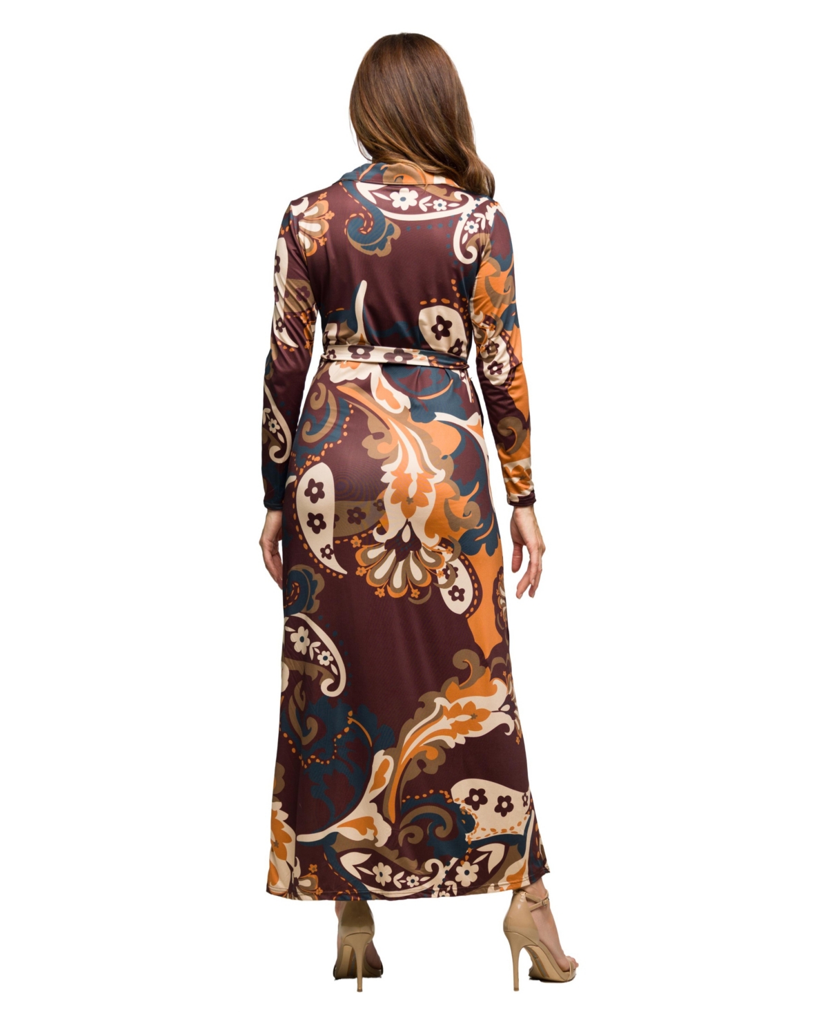 24seven Comfort Apparel Paisley Empire Waist Maxi Dress In Brown