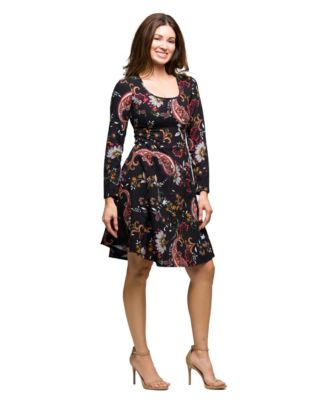 Women's Black Paisley Print Long Sleeve Fit and Flare Dress