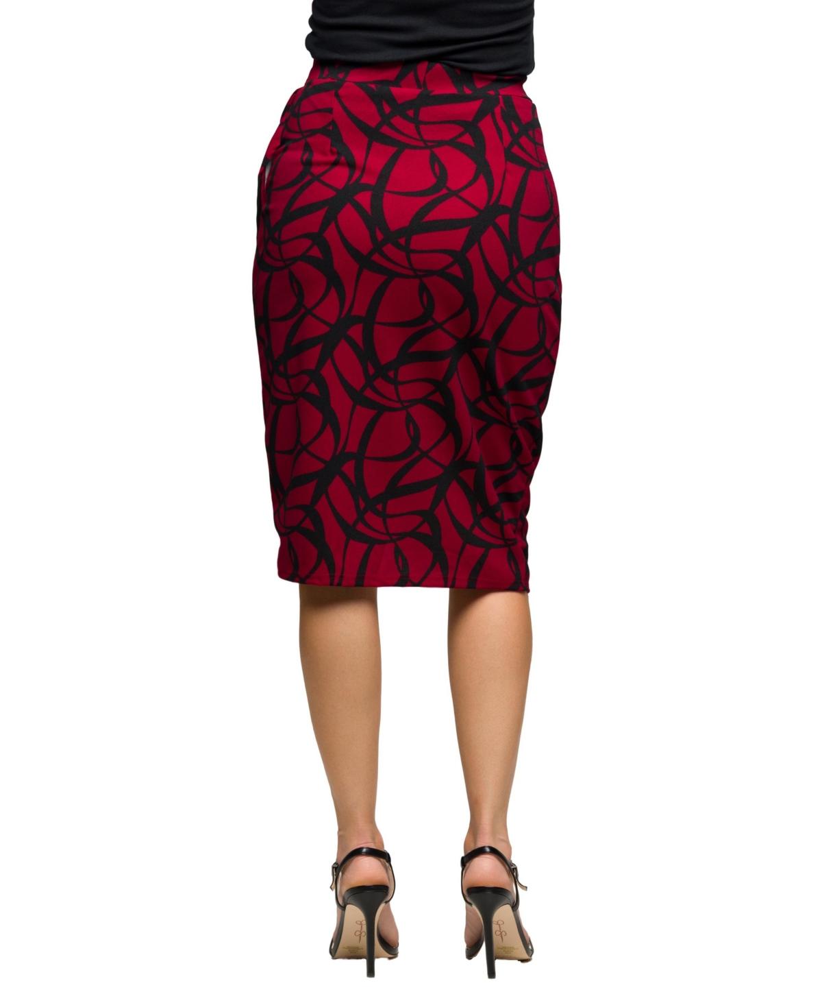 24seven Comfort Apparel Plus Size Burgundy Print Ruched Knee Length Skirt In Red