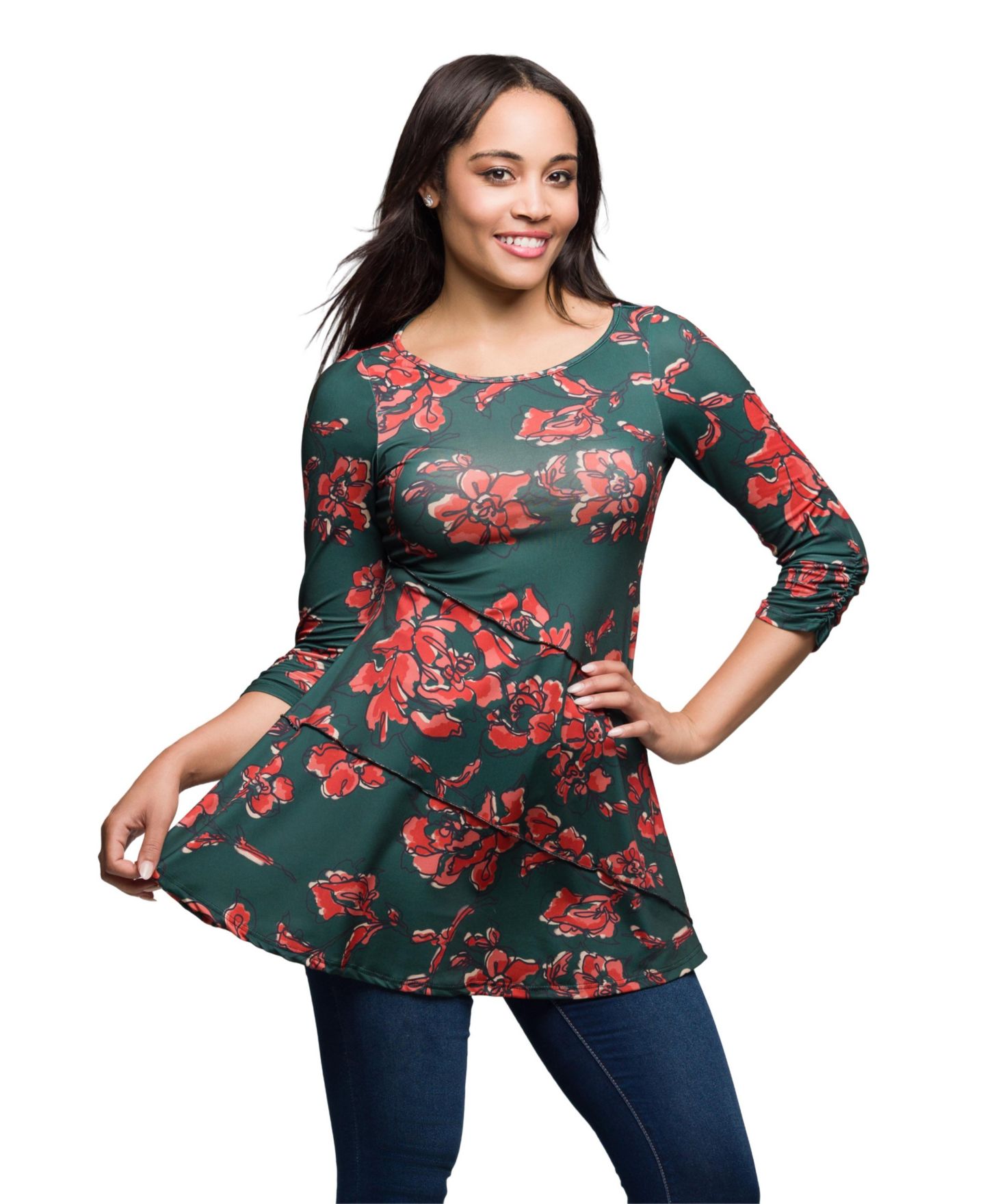 Женский топ 24seven Comfort Apparel Green Floral Print Three Quarter Sleeve Tunic Top, цвет: Оранжевый разноцветный — фото 1
