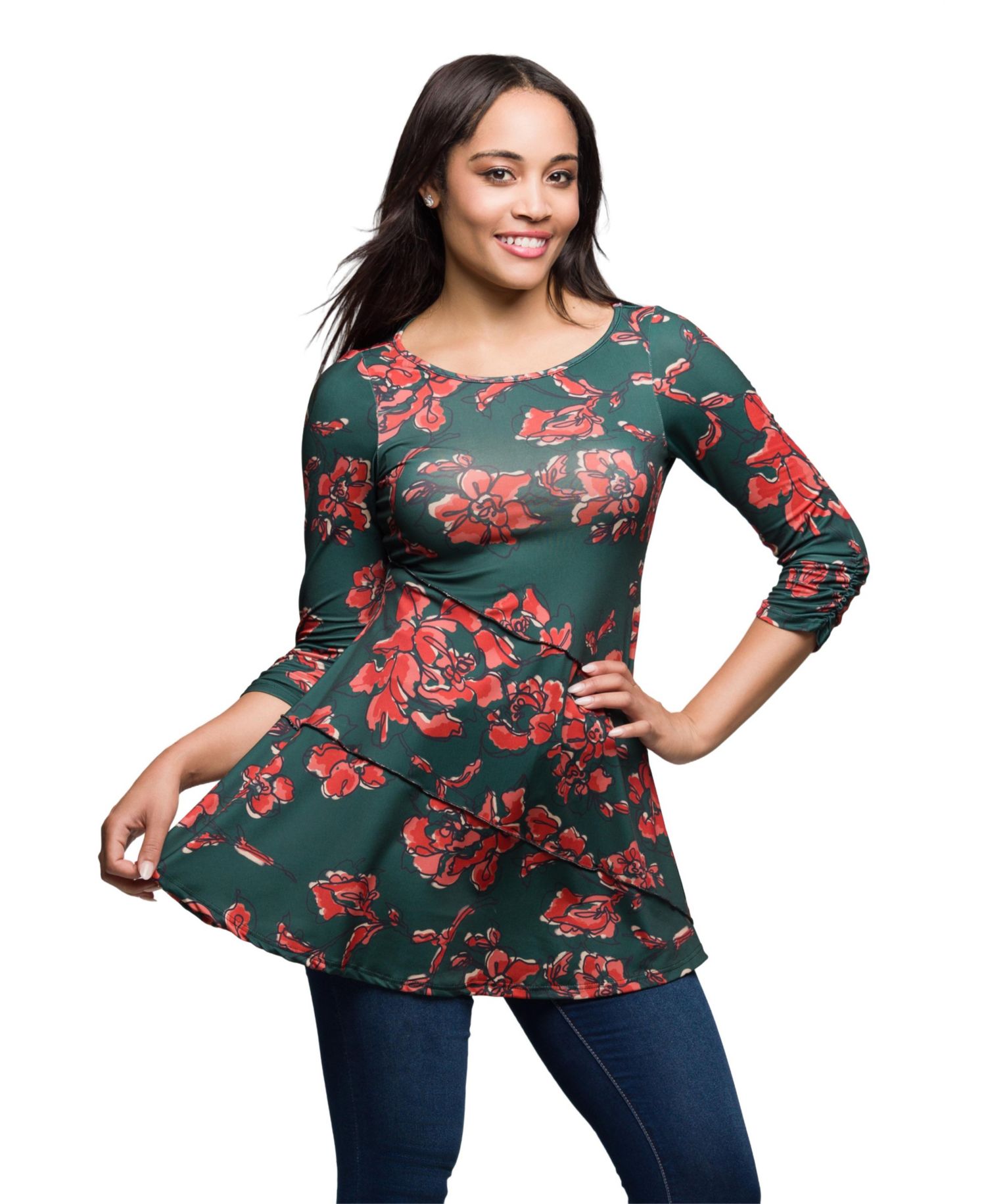 Женский зеленый топ-туника с рукавом три четверти и цветочным принтом для женщин