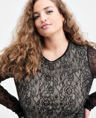 Trendy Plus Size Lace Sheer Long-Sleeve Top, Macy's Exclusive
