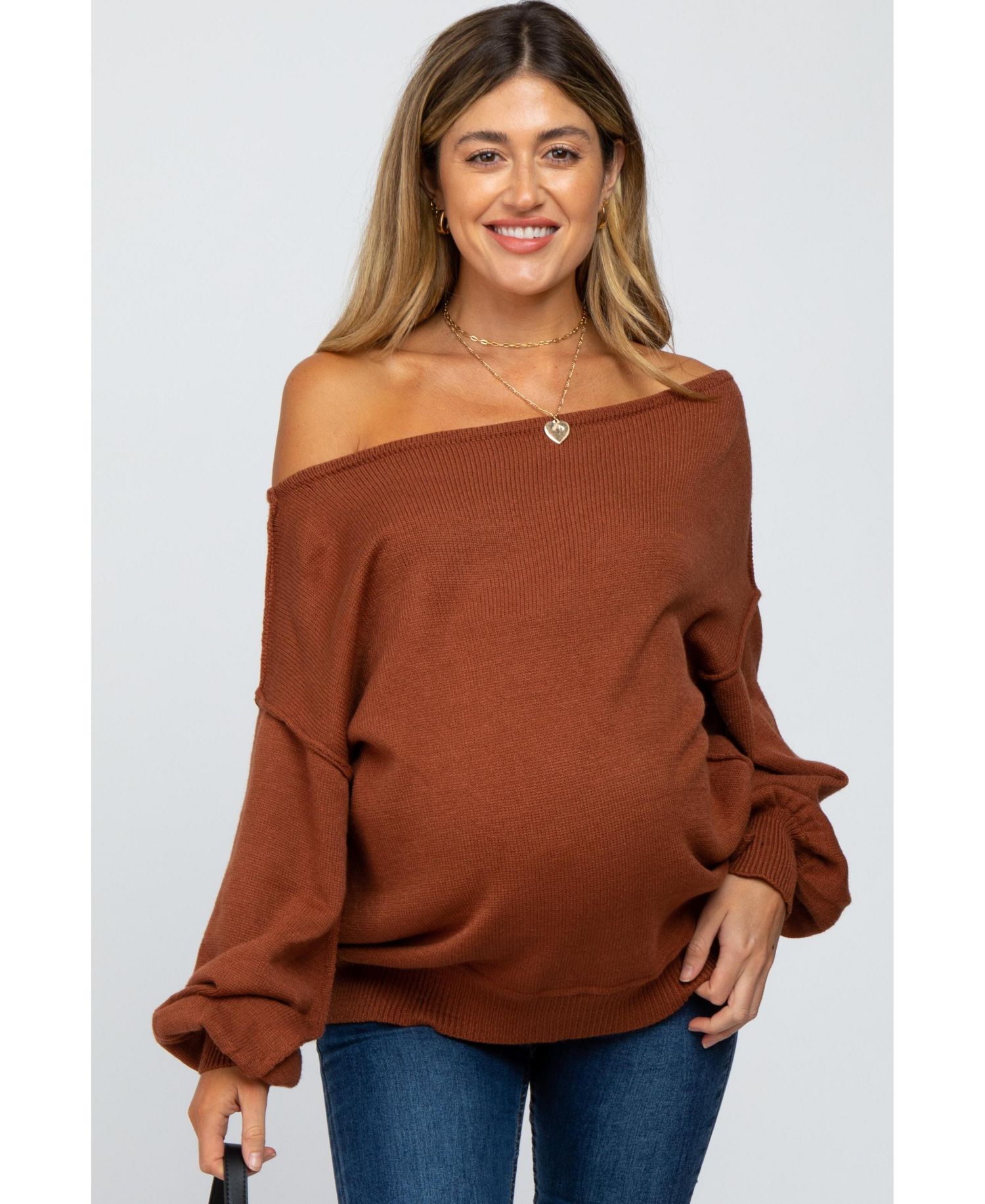 Women's Camel Boat Neck Bubble Sleeve Sweater