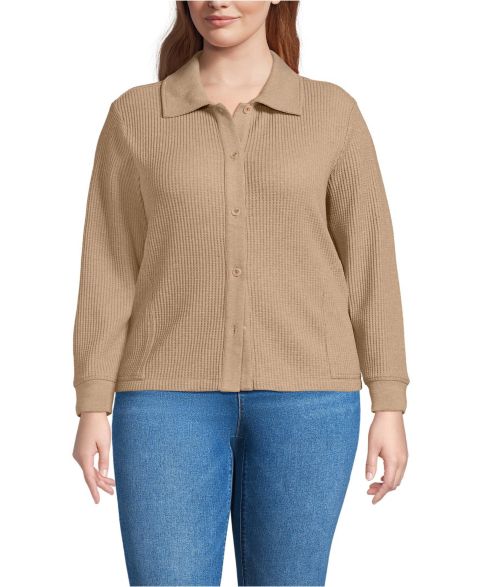 Женские куртки Lands' End Plus Size Long Sleeve Waffle Collared Shacket