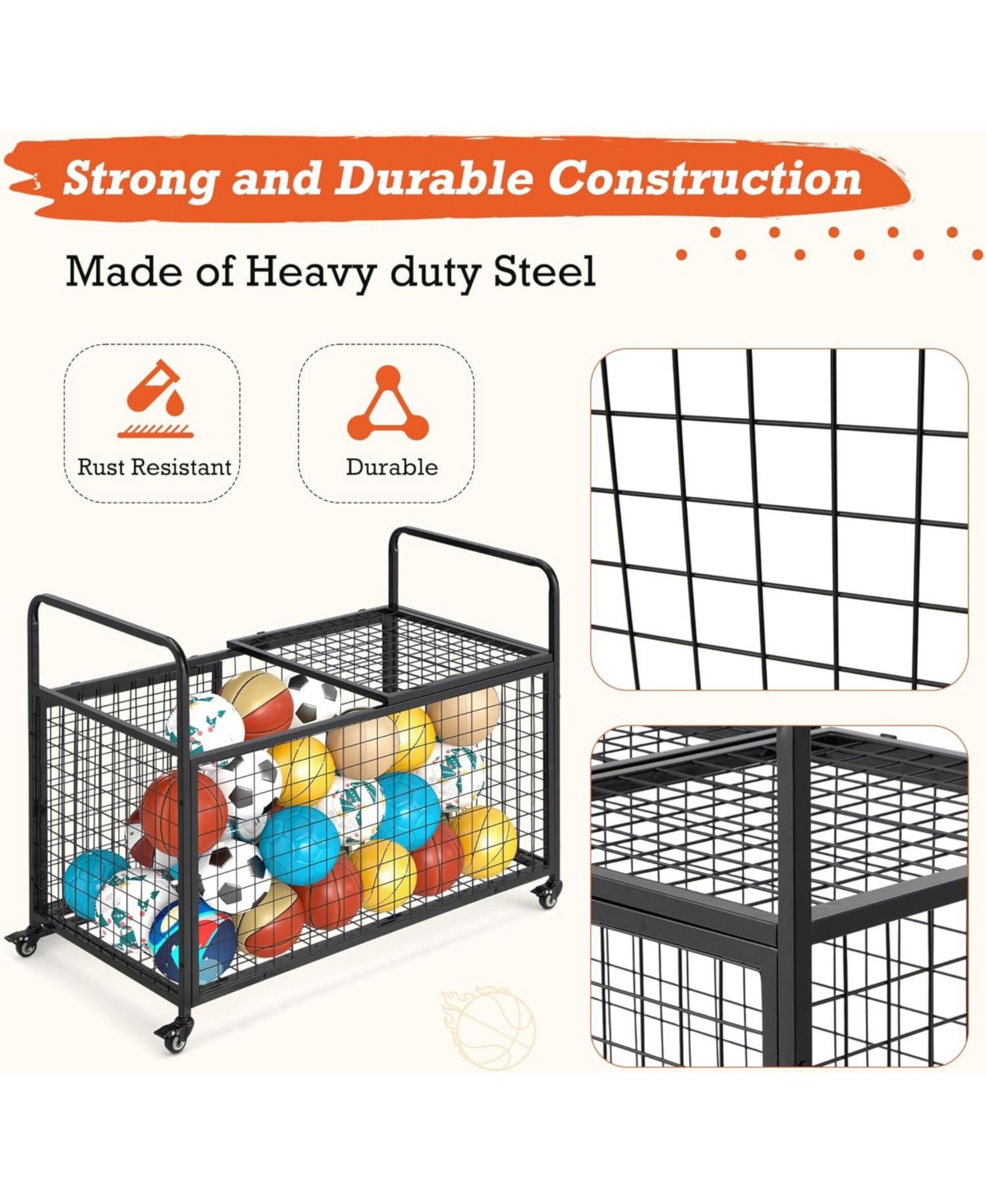 Aecojoy Ball Cart Storage, Rolling Basketball Bin with Wheels for Garage, School, Gym, Sports Equipment and Toy Organizer,Extra Large
