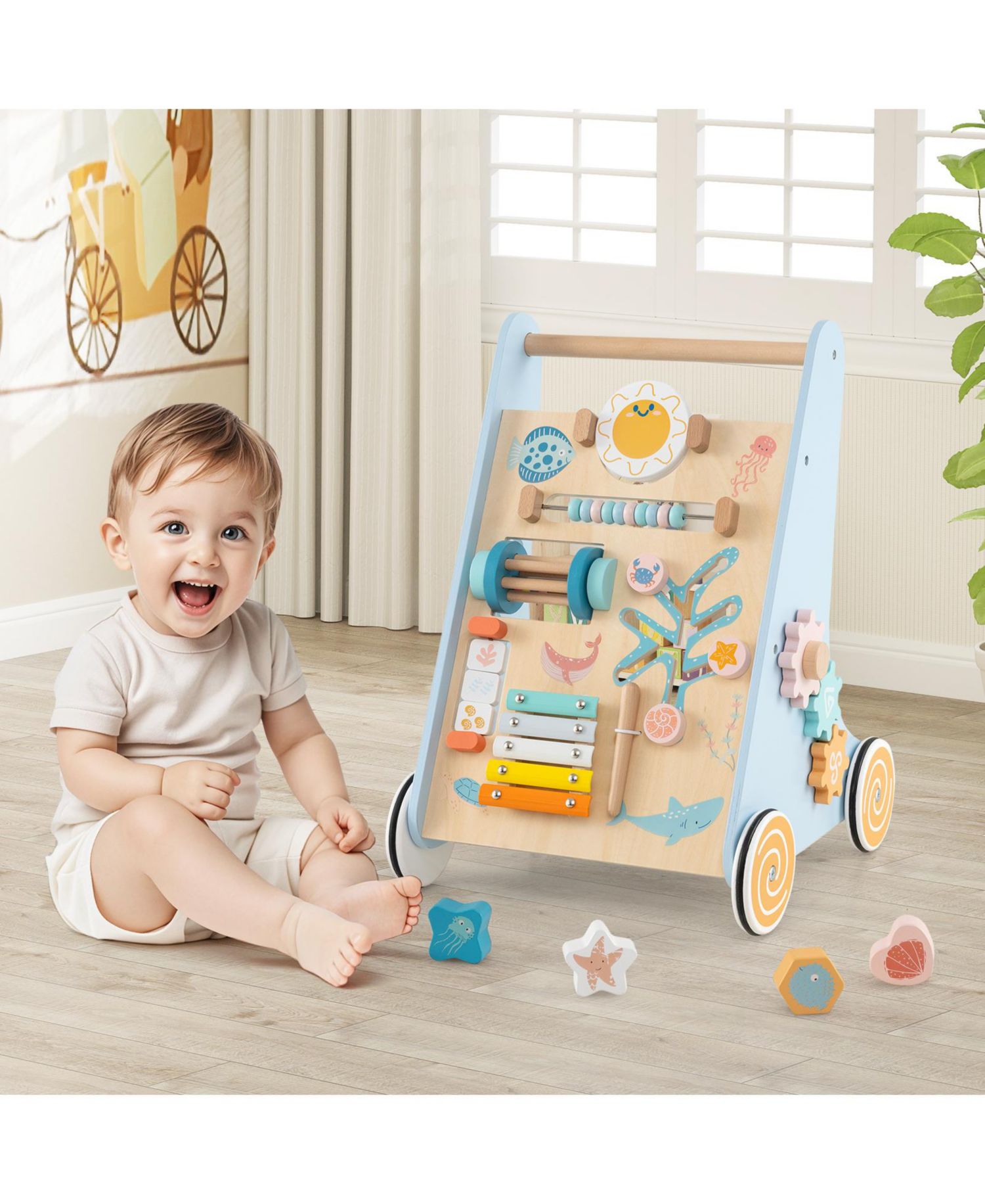 Wooden Baby Walker Sit to Stand Walker w/ Wheels Push and Pull Learning Activity Center