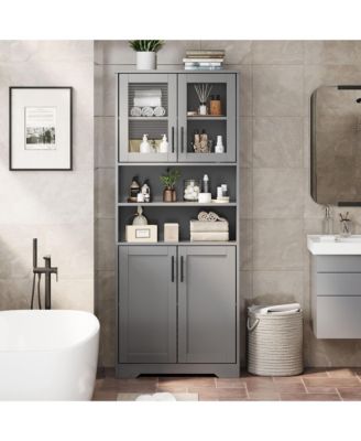 67" Tall Storage Cabinet, Tall Bathroom Cabinet with Glass Doors and Adjustable Shelves