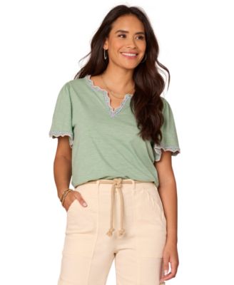 Democracy - Women's Petite Crochet Split V-Neck Top