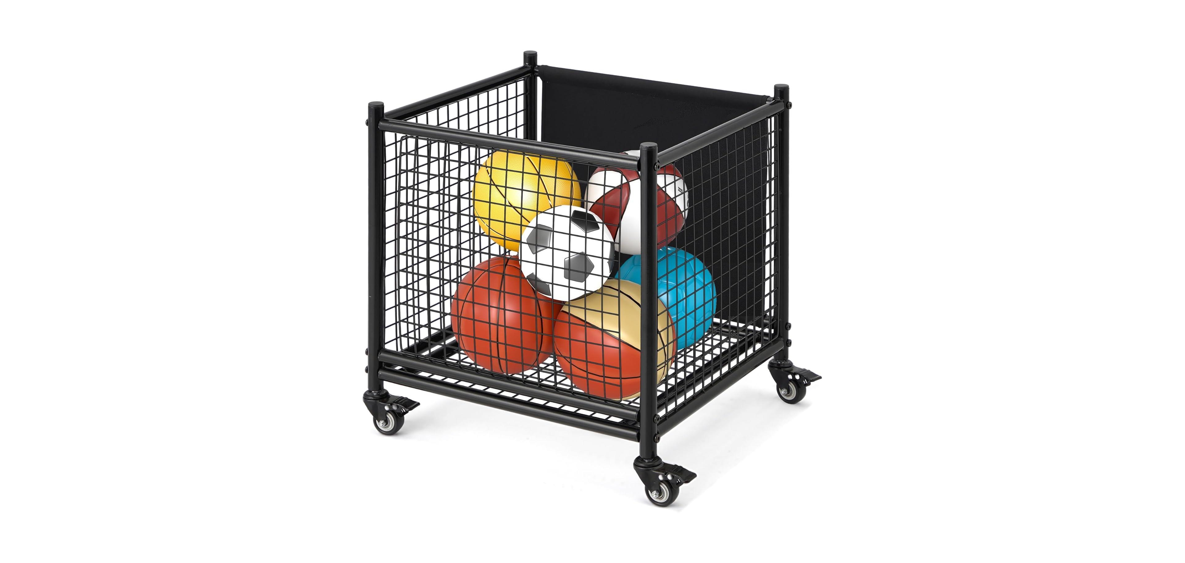 Aecojoy Ball Cart Storage, Rolling Basketball Bin with Wheels for Garage, School, Gym, Sports Equipment and Toy Organizer,Medium