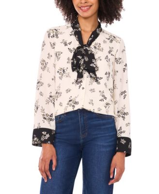 CeCe - Women's Floral Bow-Tie V-Neck Button-Up Long Cuff-Sleeve Blouse