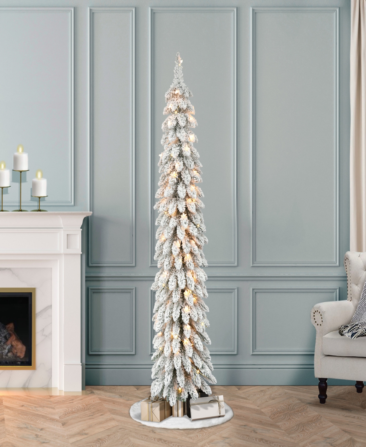 Puleo Pre-Lit Flocked Pencil Alpine Artificial Christmas Tree with 70 Lights, 5'