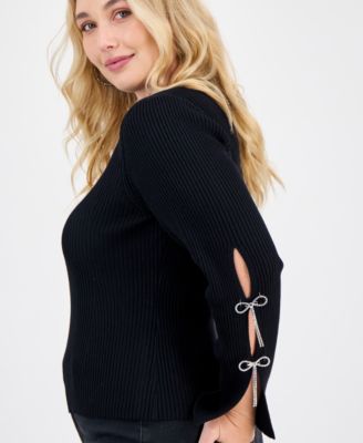 Trendy Plus Size Rhinestone Bow-Sleeve Ribbed Sweater