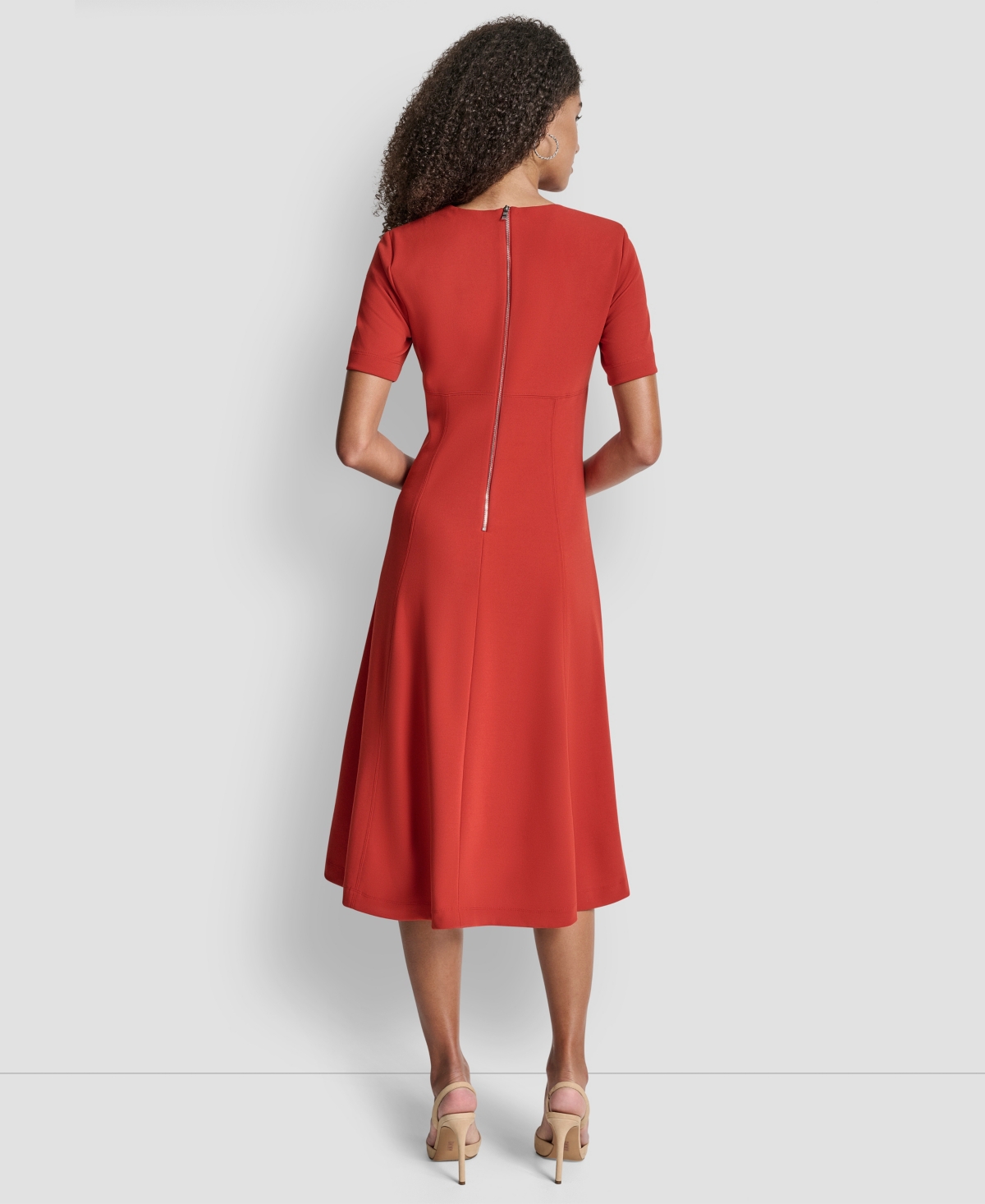 Dkny Short Sleeve Jewel Neck Suede Midi Dress In Red