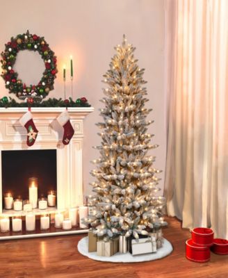 Puleo 6.5FT Pre-Lit Flocked Slim Fraser Fir Artificial Christmas Tree