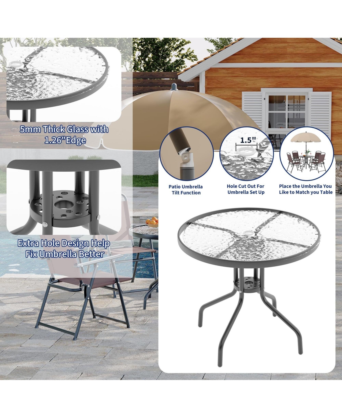 6 Pieces Patio Dining Set with Umbrella, Outdoor Furniture 4 Folding Chairs, Garden Umbrellas, Tempered Glass