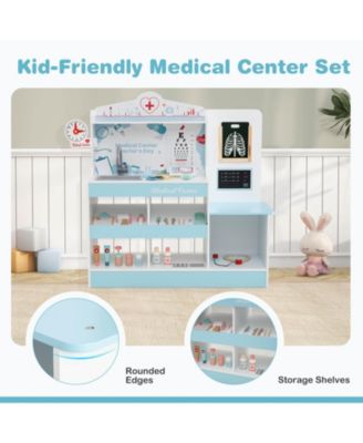 Wooden Doctor Play Set with Clock Sink Eye Chart ECG Monitor Exam Area Storage