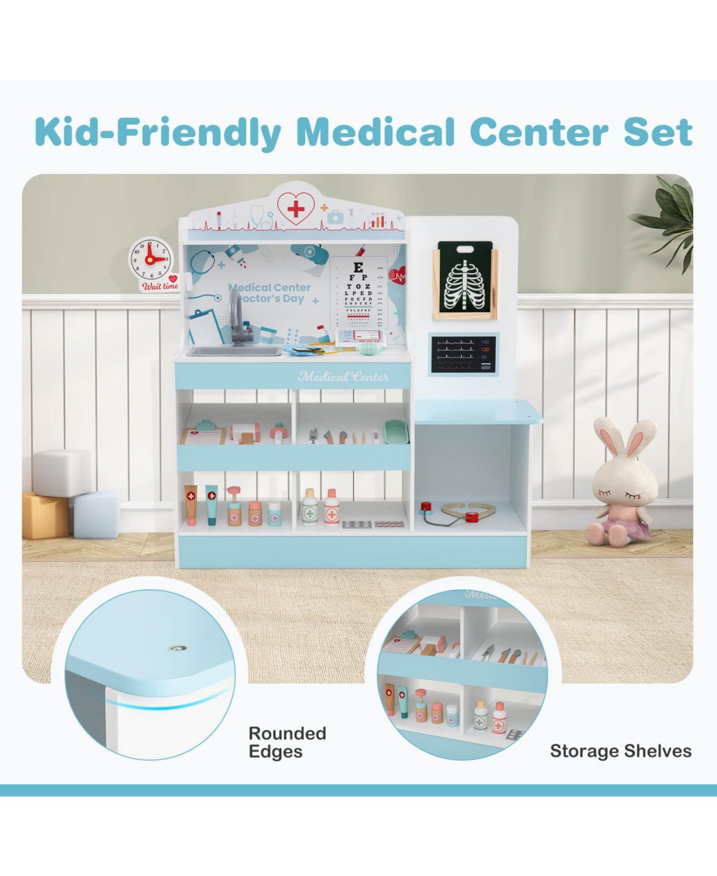 Детские игрушки Costway Wooden Doctor 24-Piece Play Set, Ages 3+, цвет: Синий — фото 10