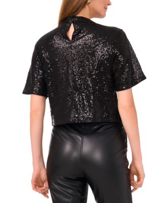 Women's Sequin Mock Neck Short-Sleeve Top