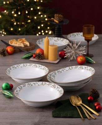 Holly & Berry Gold Set of 4 Rim Dinner Bowls, 10", 25 oz.