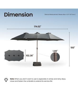 15ft Solar Umbrella Smart LED Lighted Patio Umbrella,12 Heavy Duty Ribs Large Outdoor Double Sided Rectangle Umbrella with Light Modes and Base