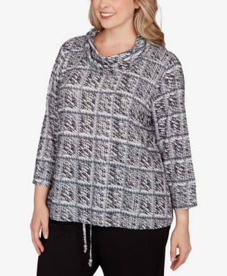 Plus Size Printed 3/4 Sleeve Cowl Neck Blouson Top