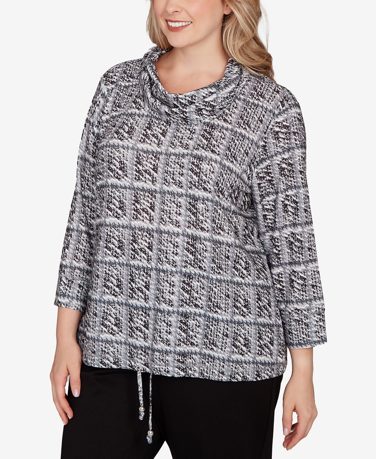 Hearts Of Palm Plus Size Printed 3/4 Sleeve Cowl Neck Blouson Top In Gray
