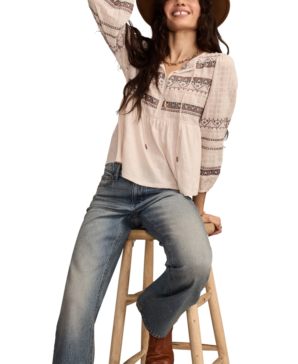 Lucky Brand Women's Mixed Trim Peasant Top