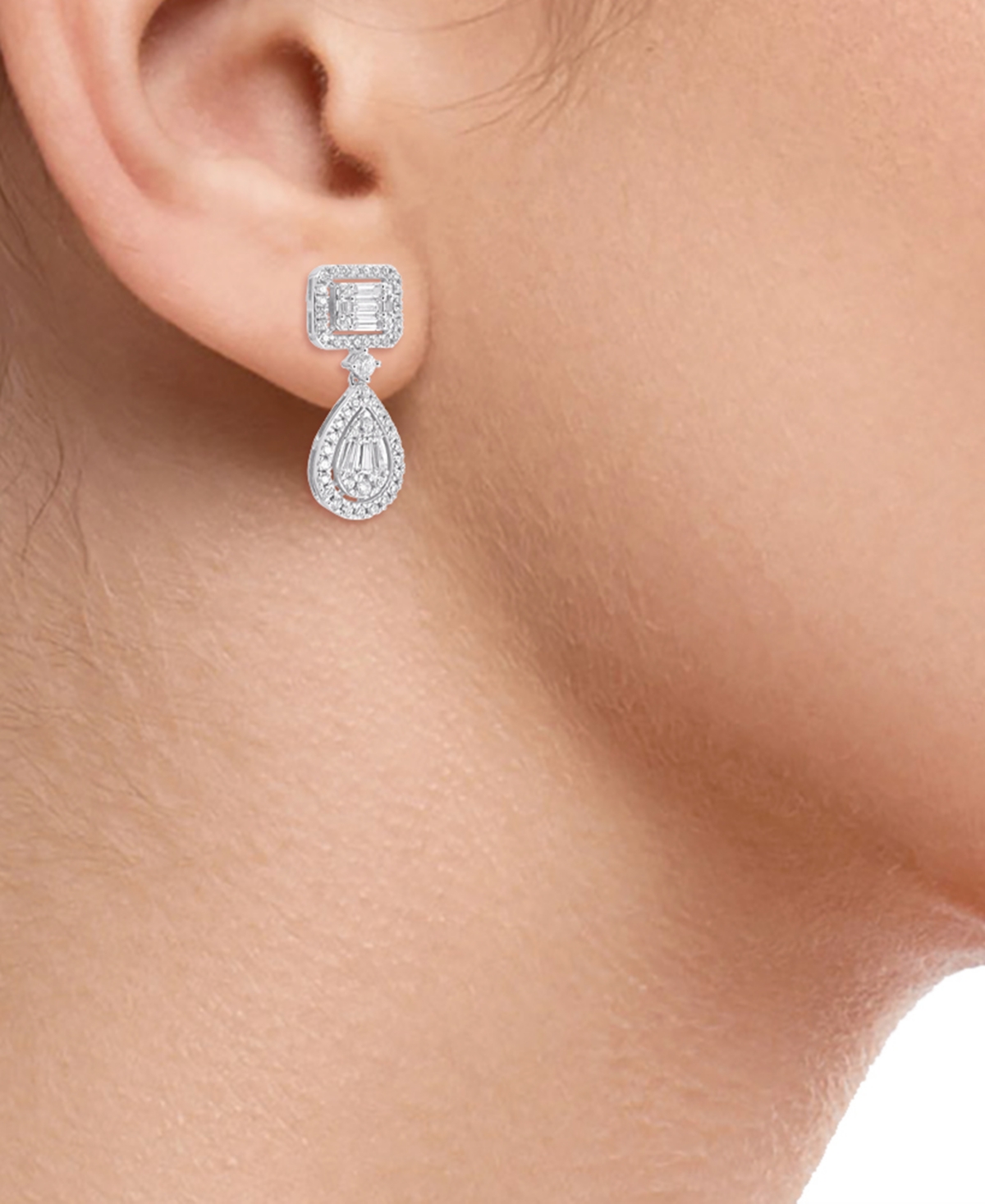 Macy's Round (0.88 Ct. T.w.) And Baguette (0.62 Ct. T.w.) Diamond Drop Earrings In 14k White Gold In Metallic