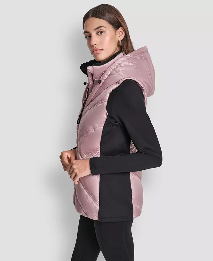 Women's Contrast Collar Hooded Puffer Vest - thumbnail 3