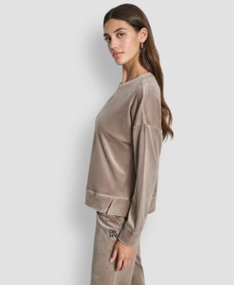 Women's Super Soft Velour Rhinestone Stacked Logo Crewneck Pullover Top