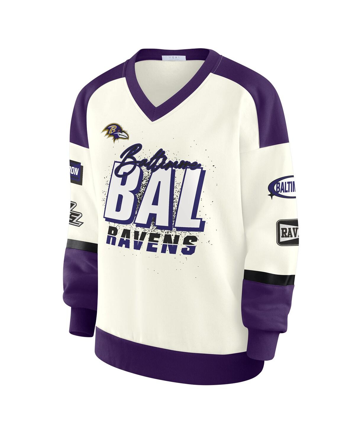 Wear By Erin Andrews Women's Cream Baltimore Ravens Racing Crew V-neck Sweatshirt In Purple