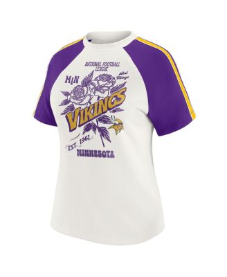 Women's White Minnesota Vikings Sleeve Stripe Distressed Raglan T-Shirt