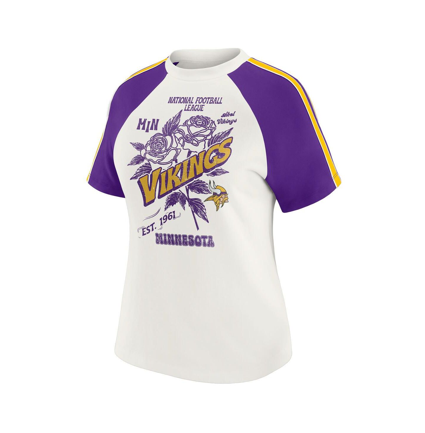 Женская футболка WEAR by Erin Andrews White Minnesota Vikings Sleeve Stripe Distressed Raglan — фото 2