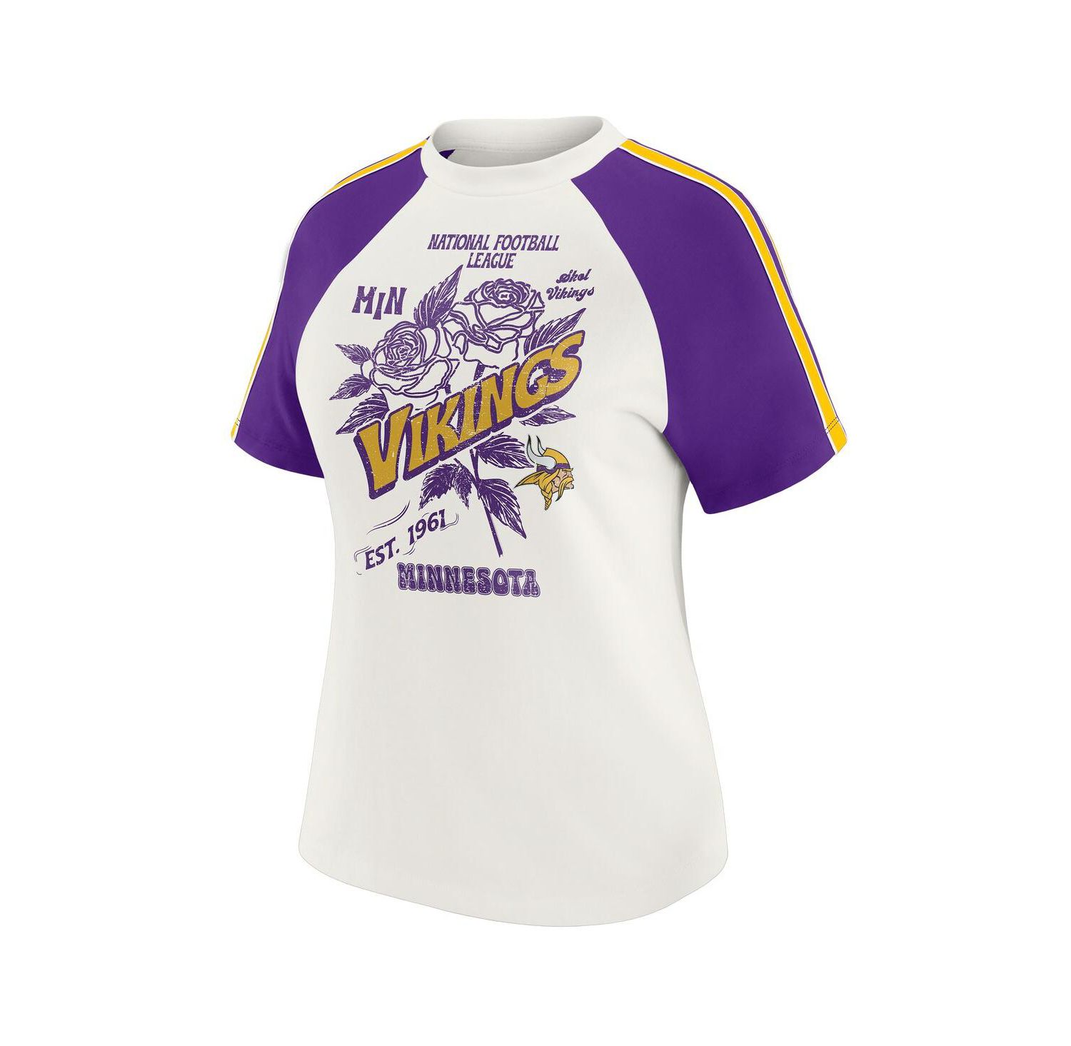 Women's White Minnesota Vikings Sleeve Stripe Distressed Raglan T-Shirt