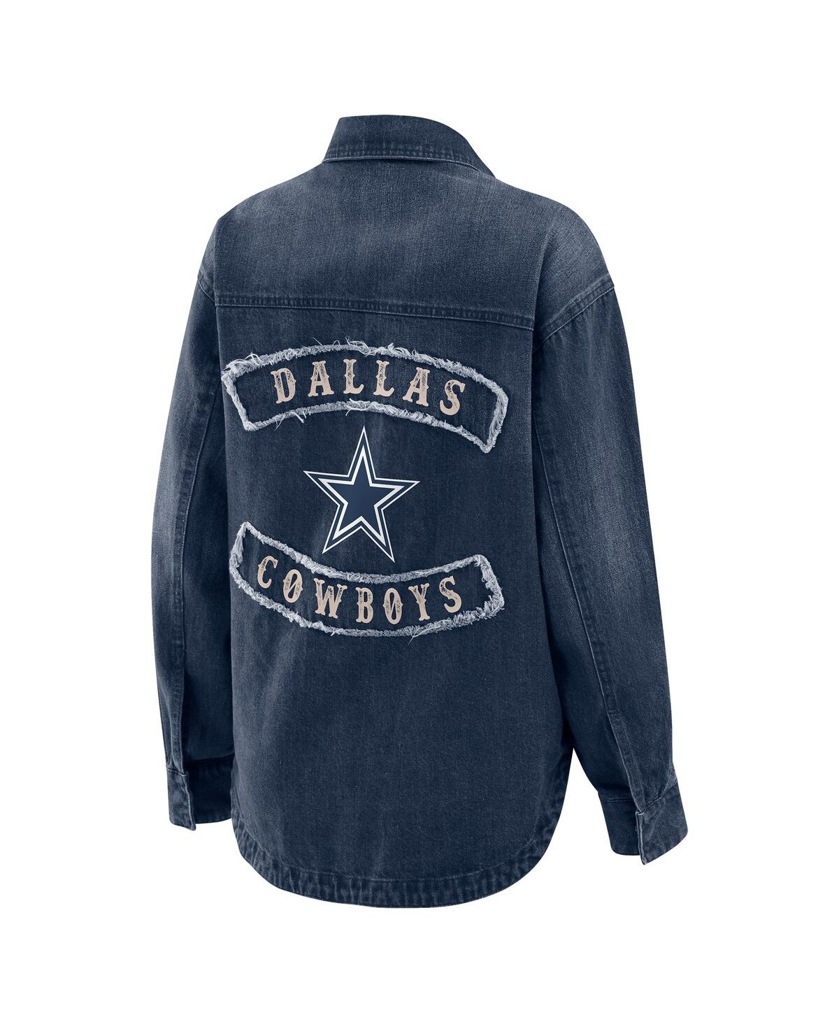 Wear By Erin Andrews Women's Denim Dallas Cowboys Washed Oversized Denim Full-snap Shacket In Blue