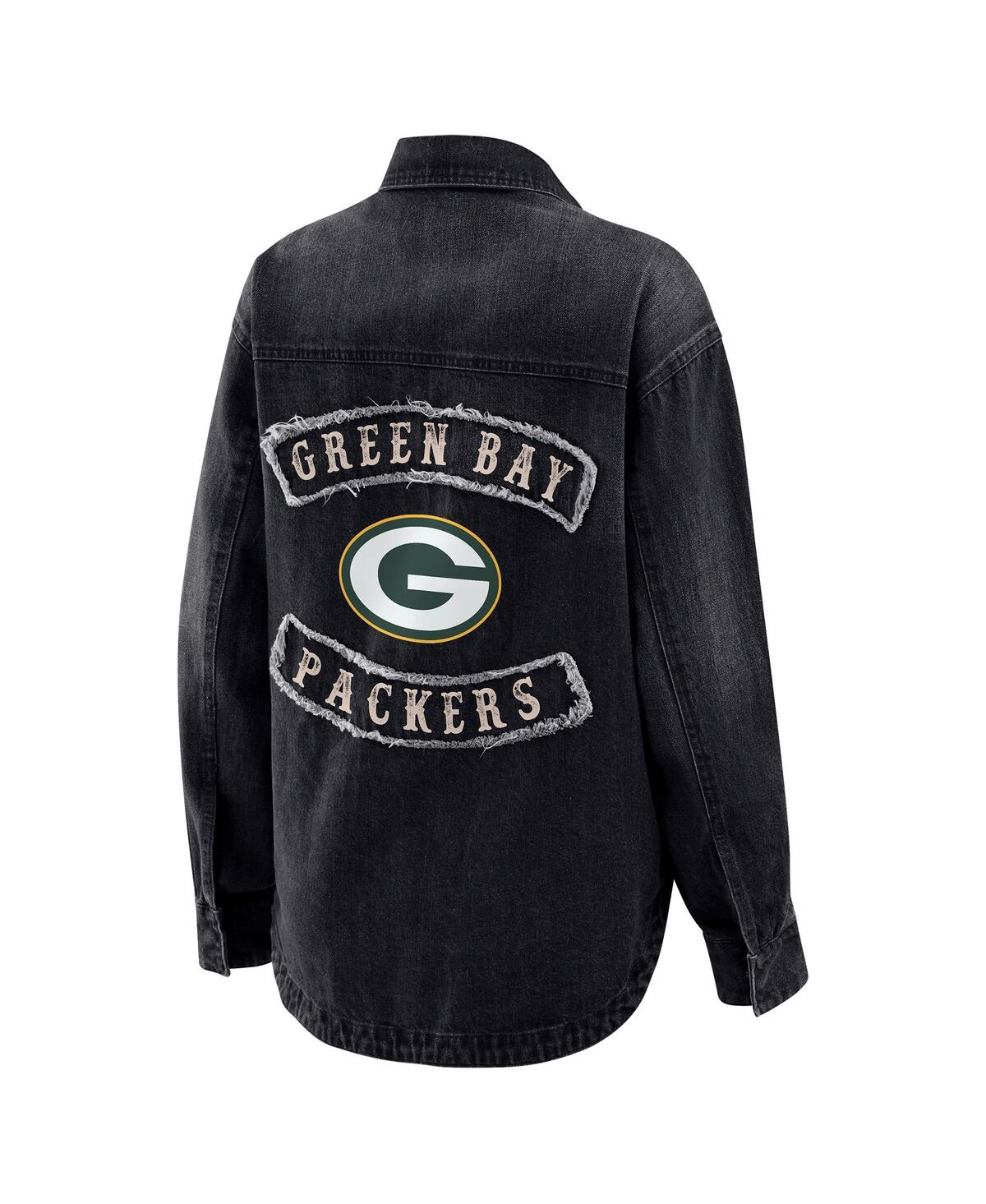 Wear By Erin Andrews Women's Black Green Bay Packers Washed Oversized Denim Full-snap Shacket In Black