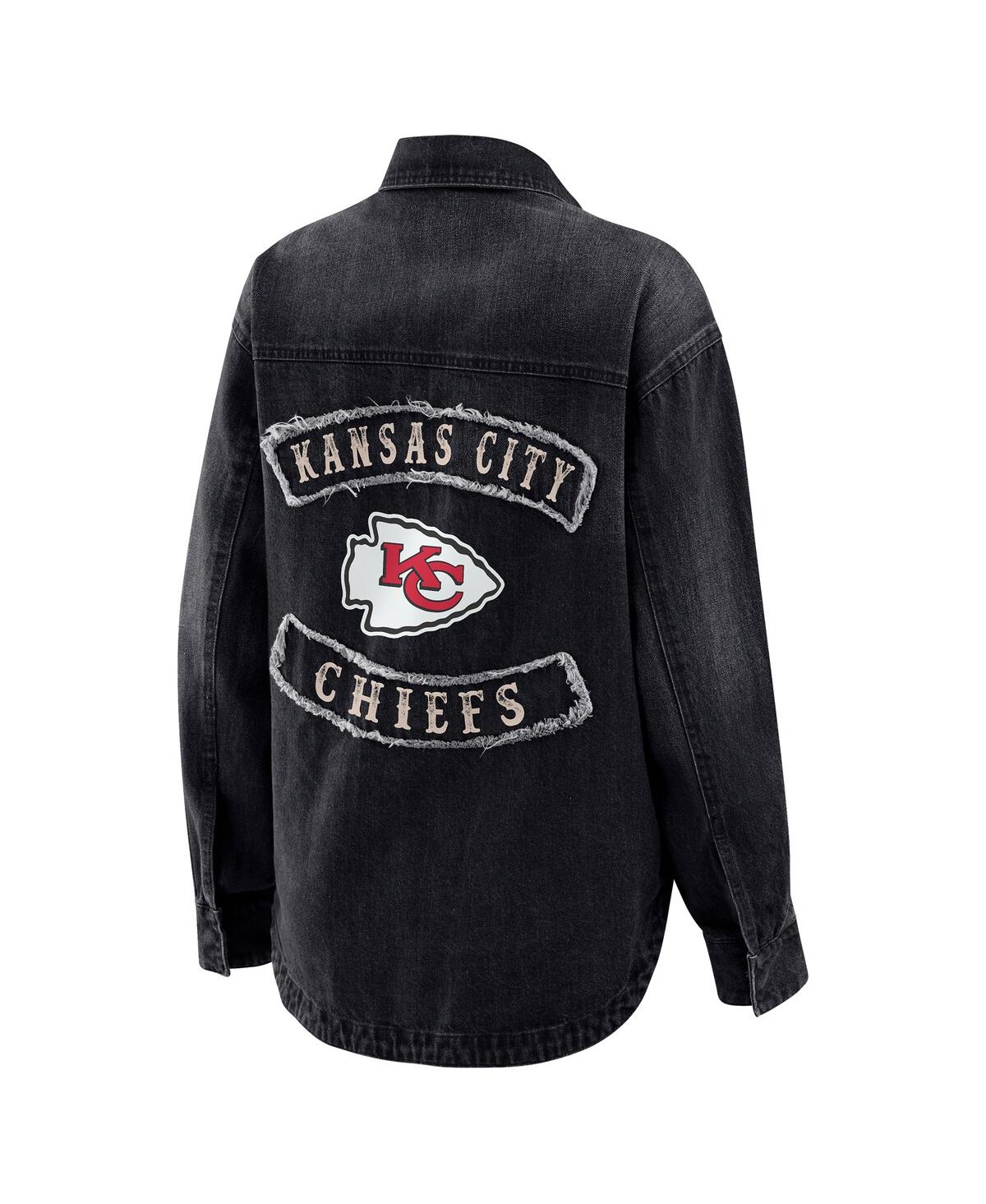 Wear By Erin Andrews Women's Black Kansas City Chiefs Washed Oversized Denim Full-snap Shacket In Black