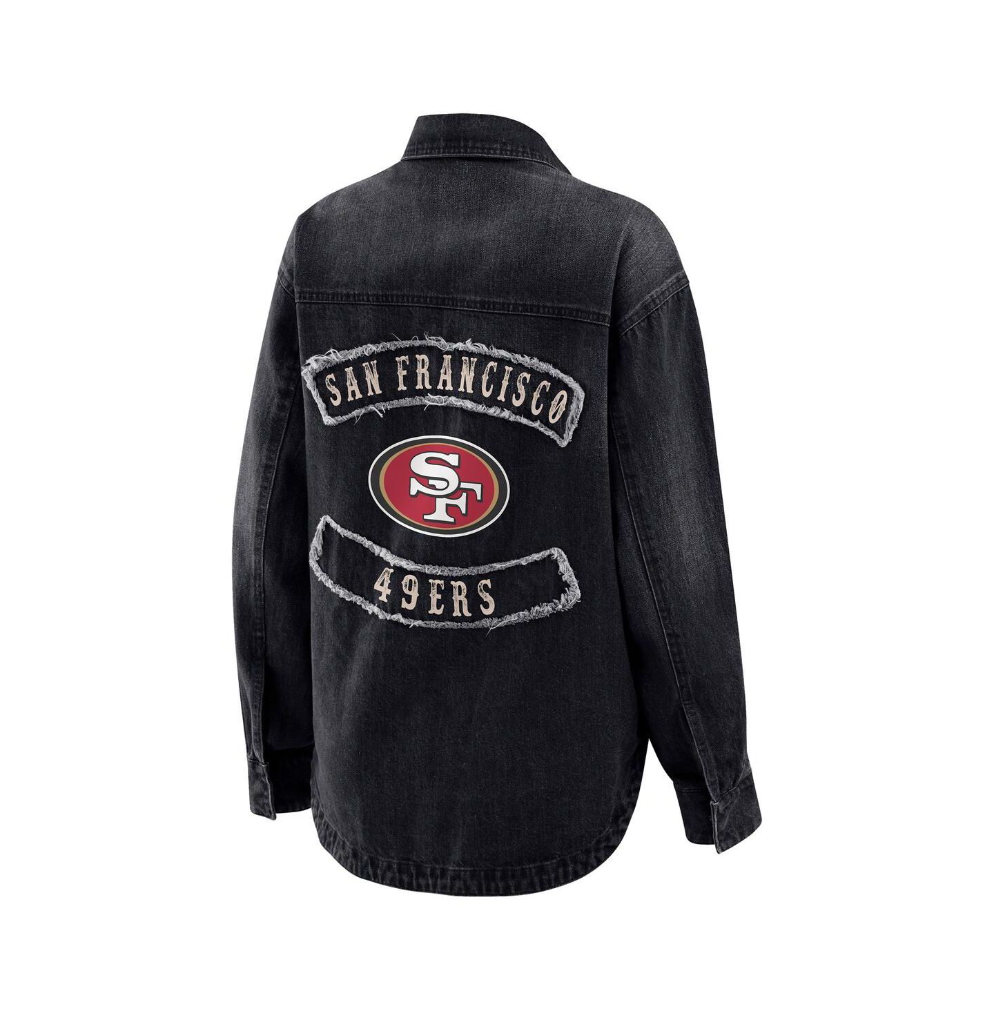 Женские куртки WEAR by Erin Andrews Black San Francisco 49ers Washed Oversized Denim Full-Snap Shacket — фото 3