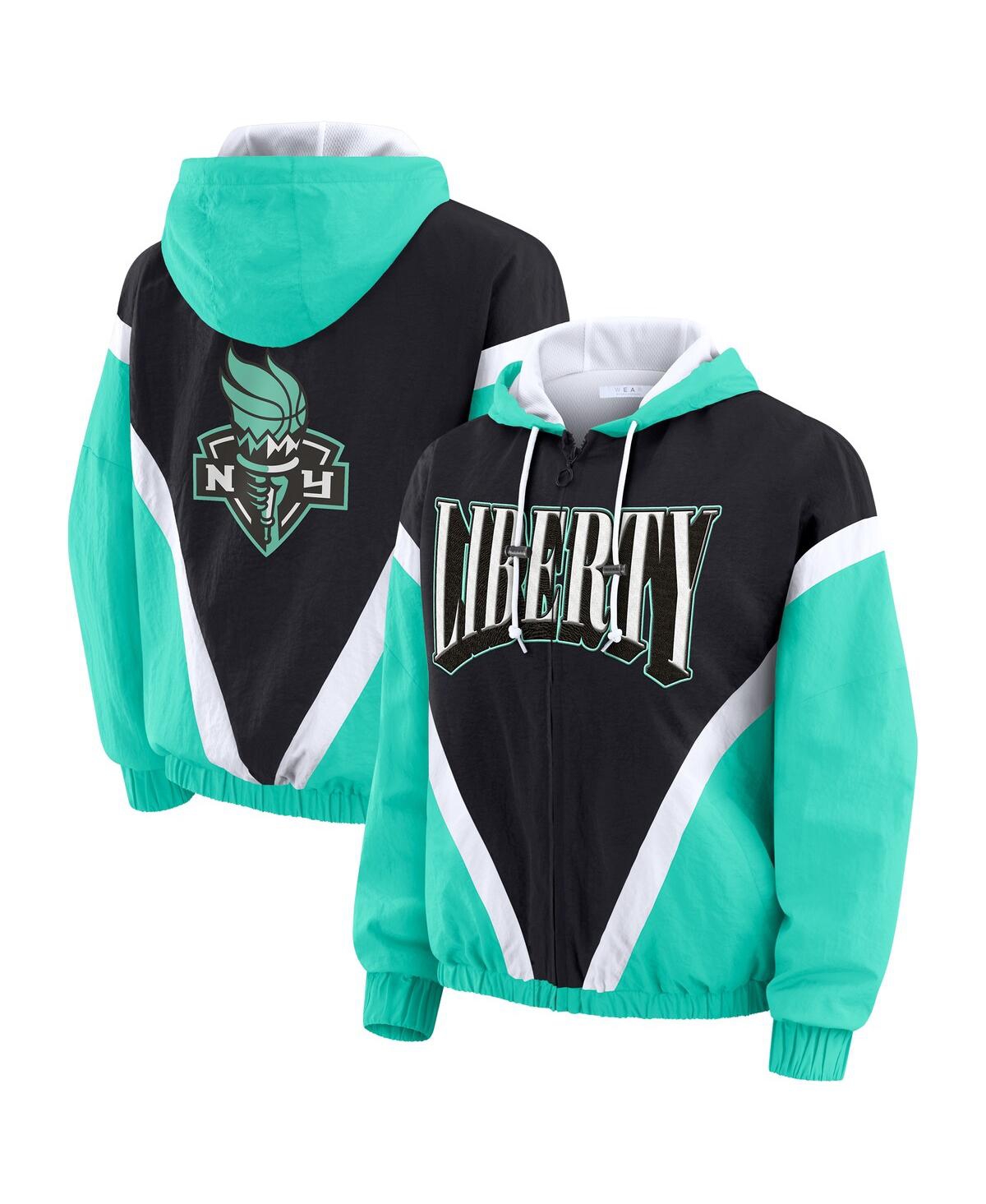 Wear By Erin Andrews Women'smint/black New York Liberty Color Block Full-zip Hoodie Windbreaker Jacket In Green