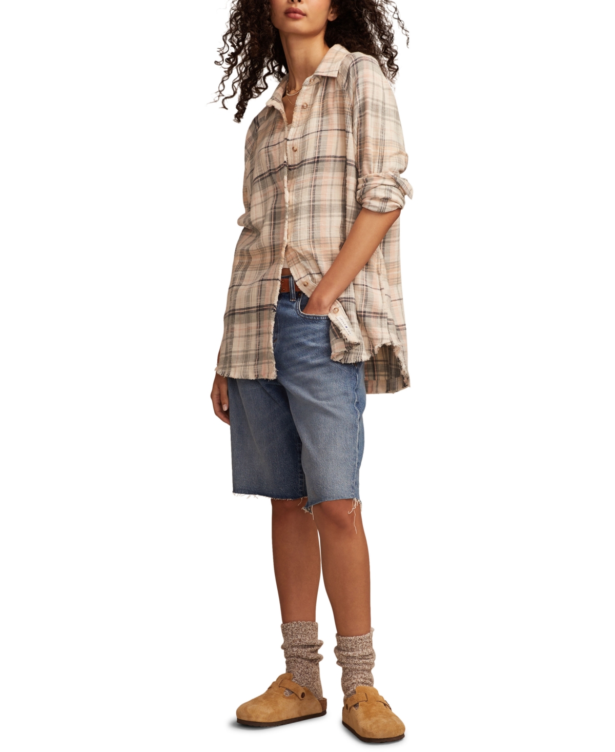 Lucky Brand Frayed Plaid Button-up Tunic Shirt In Brown