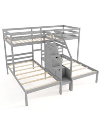 Wooden Twin Over Twin & Twin Bunk Bed w/ 4-Step Storage Staircase Guardrail