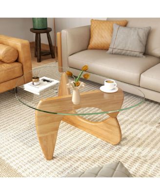Triangle Coffee Table with Tempered Glass Top & Adjustable Rubber Wood Base